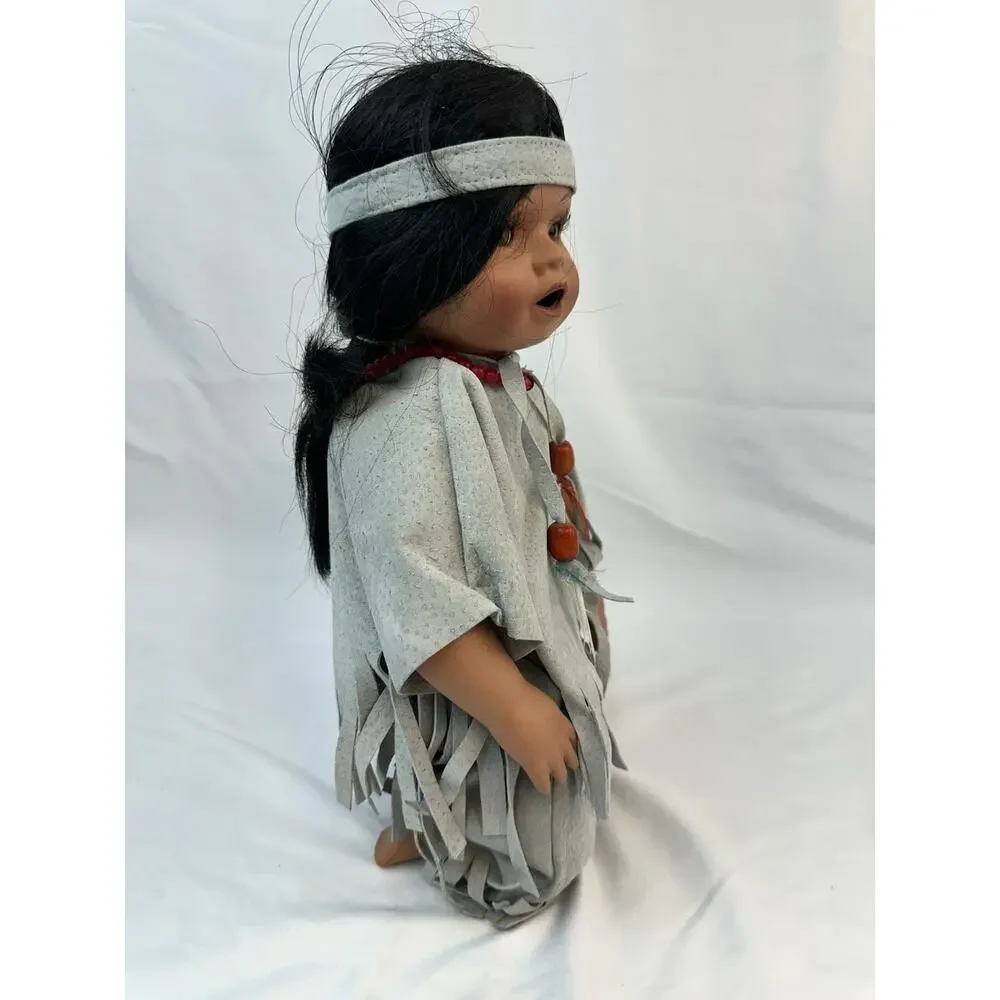 Vintage Native American Style Doll 12” – Feather Defect – Signed Neck Mark
